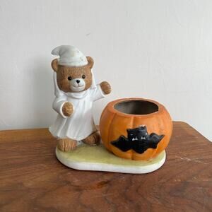 Vintage 1995 Kitsch Halloween Ghost Bear Tea Light Candle Holder Decor